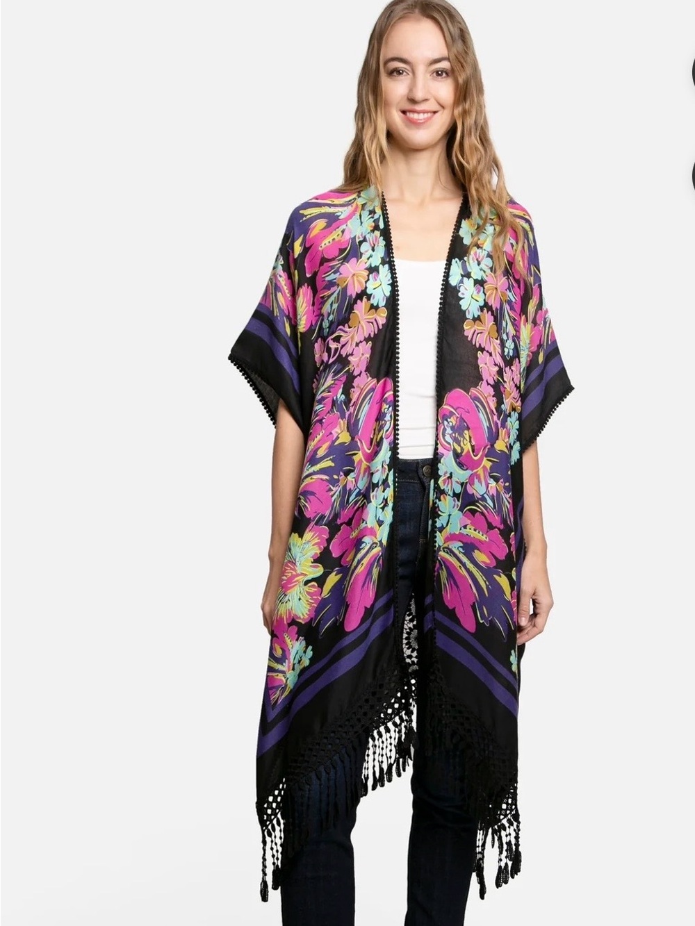 Woven Heart Black Floral Fringe Kimono with Pink, Purple & Aqua Accents
